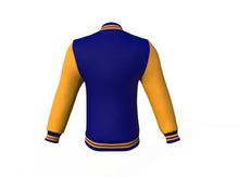 Load image into Gallery viewer, Navy Varsity Letterman Jacket with Gold Sleeves - Shearling leather
