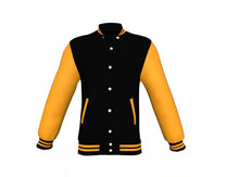 Load image into Gallery viewer, Black Varsity Letterman Jacket with Gold Sleeves - Shearling leather
