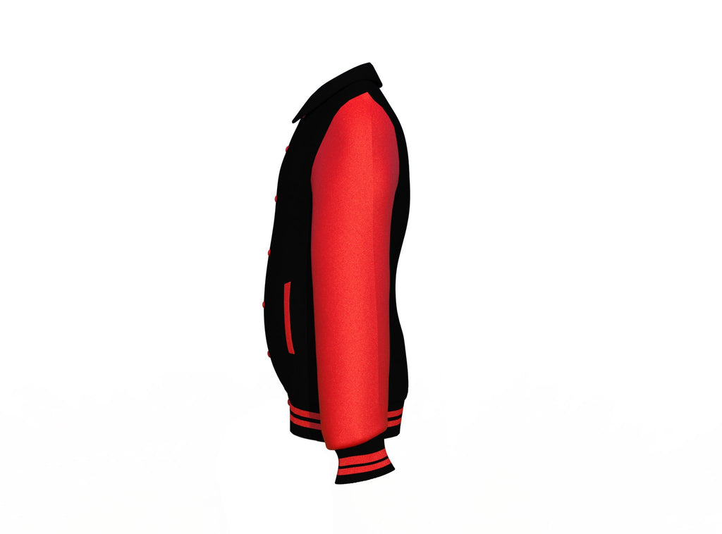 Black Varsity Letterman Jacket with Red Sleeves - Shearling leather