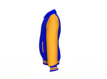 Load image into Gallery viewer, Blue Varsity Letterman Jacket with Gold Sleeves - Shearling leather
