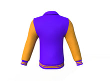 Load image into Gallery viewer, Purple Varsity Letterman Jacket with Gold Sleeves - Shearling leather
