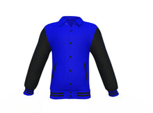 Load image into Gallery viewer, Blue Varsity Letterman Jacket with Black Sleeves - Shearling leather

