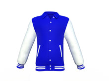 Load image into Gallery viewer, Blue Varsity Letterman Jacket with White Sleeves - Shearling leather
