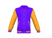 Load image into Gallery viewer, Purple Varsity Letterman Jacket with Gold Sleeves - Shearling leather
