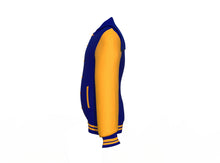 Load image into Gallery viewer, Navy Varsity Letterman Jacket with Gold Sleeves - Shearling leather
