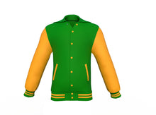 Load image into Gallery viewer, Dark Green Varsity Letterman Jacket with Gold Sleeves - Shearling leather
