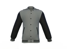Load image into Gallery viewer, Grey Varsity Letterman Jacket with Black Sleeves - Shearling leather
