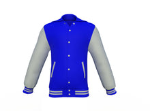 Load image into Gallery viewer, Blue Varsity Letterman Jacket with Grey Sleeves - Shearling leather

