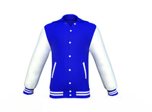 Load image into Gallery viewer, Blue Varsity Letterman Jacket with White Sleeves - Shearling leather
