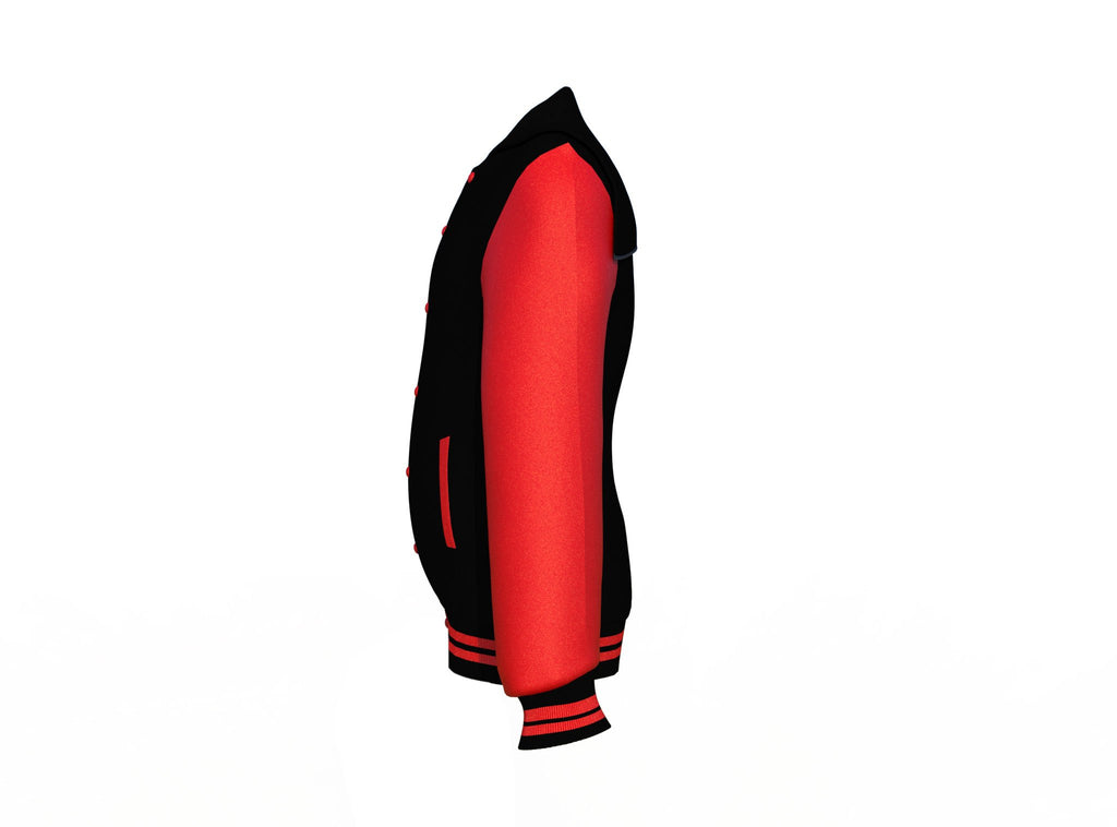 Black Varsity Letterman Jacket with Red Sleeves - Shearling leather