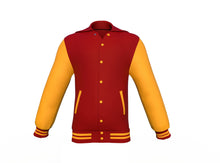 Load image into Gallery viewer, Maroon Varsity Letterman Jacket with Gold Sleeves - Shearling leather
