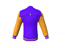 Load image into Gallery viewer, Purple Varsity Letterman Jacket with Gold Sleeves - Shearling leather
