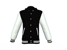Load image into Gallery viewer, Black Varsity Letterman Jacket with White Sleeves - Shearling leather
