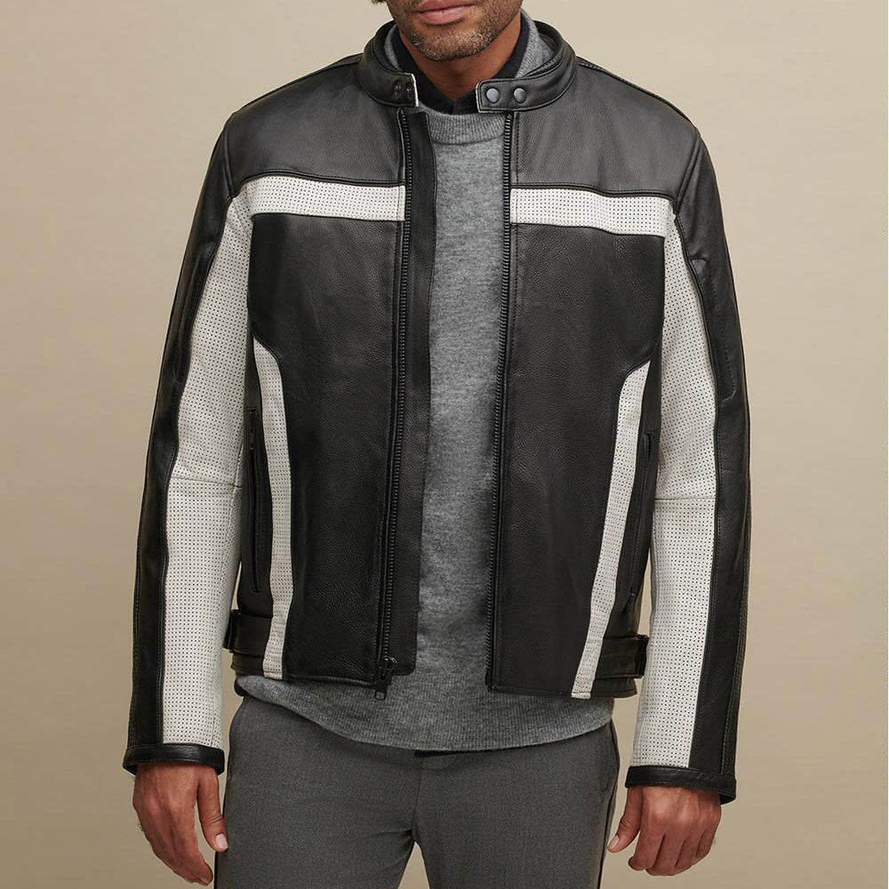 Men's Color Blocked Genuine Leather Biker Riding Jacket