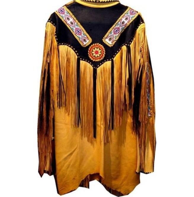Western Tan Leather Jacket, Fringes Beads American Cowboy Jacket - Shearling leather