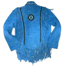 Load image into Gallery viewer, Western Suede Jacket, Men&#39;s Wear Fringes Beads Blue Color Jacket - Shearling leather
