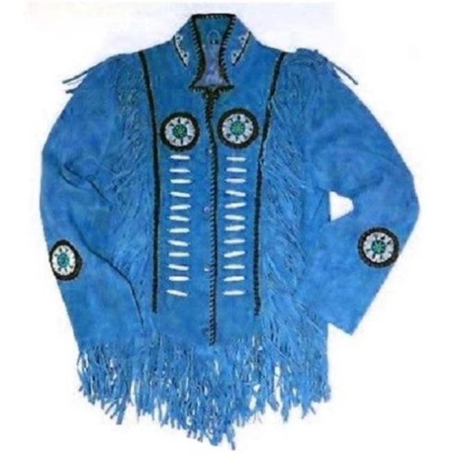 Western Suede Jacket, Men's Wear Fringes Beads Blue Color Jacket - Shearling leather