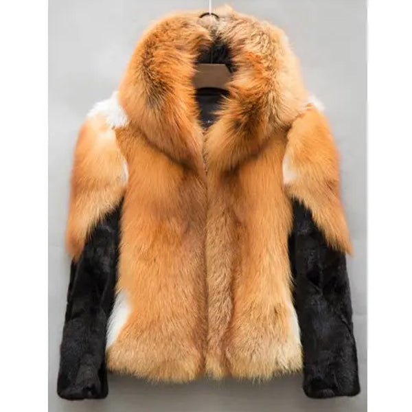 Custom Men's Warm Grey Mink Fox Skin Fur Hooded Luxury Golden Jacket