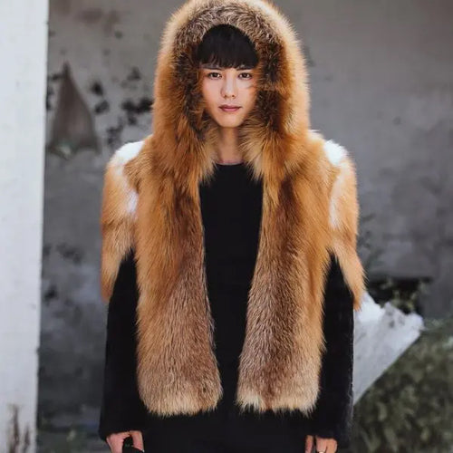 Custom Men's Warm Grey Mink Fox Skin Fur Hooded Luxury Golden Jacket