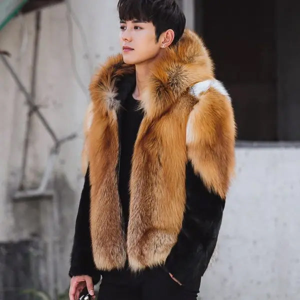 Custom Men's Warm Grey Mink Fox Skin Fur Hooded Luxury Golden Jacket