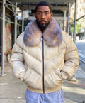 MEN V BOMBER JACKET - CREAM COLOR WITH CRYSTAL FOX - Shearling leather