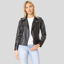 Load image into Gallery viewer, Dani Black Studded Leather Jacket - Shearling leather
