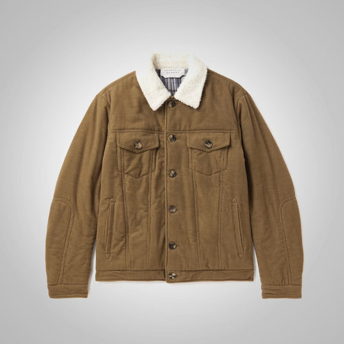 Dark Brown Shearling Collar Corduroy Jacket