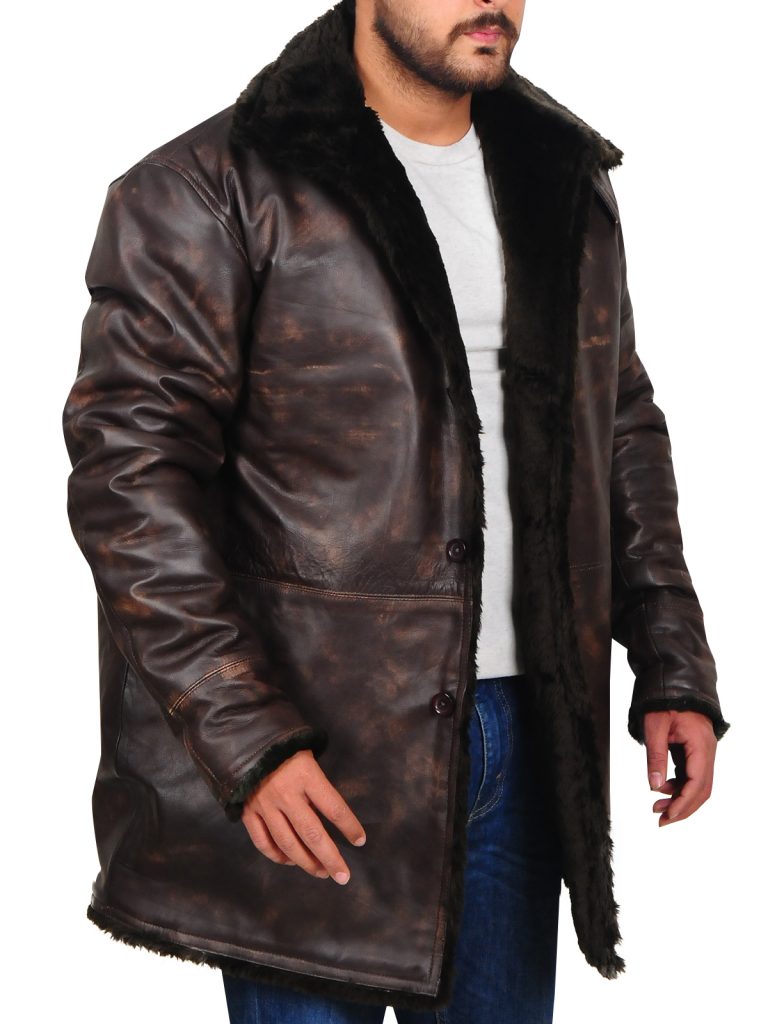 Men Distressed Brown Fur Collar Jacket - Shearling leather
