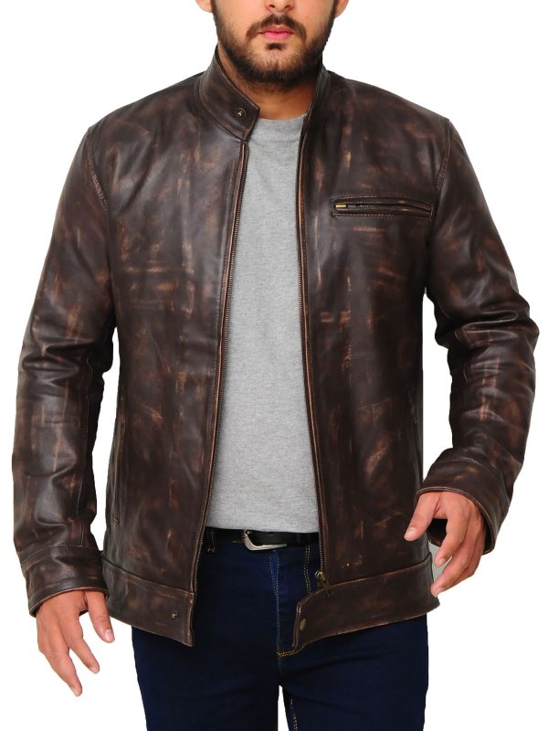 Distressed Brown Snap Tab Jacket - Shearling leather