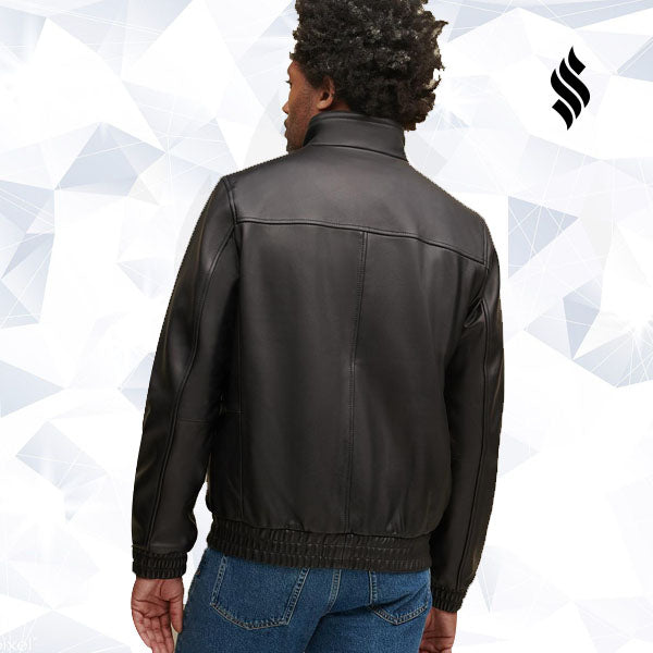 Elasticated Self Band Leather Bomber Jacket - Shearling leather