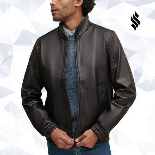 Elasticated Self Band Leather Bomber Jacket - Shearling leather