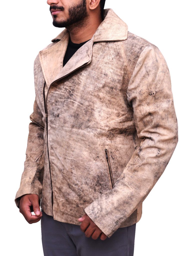 Men Distressed Brown Biker Jacket - Shearling leather