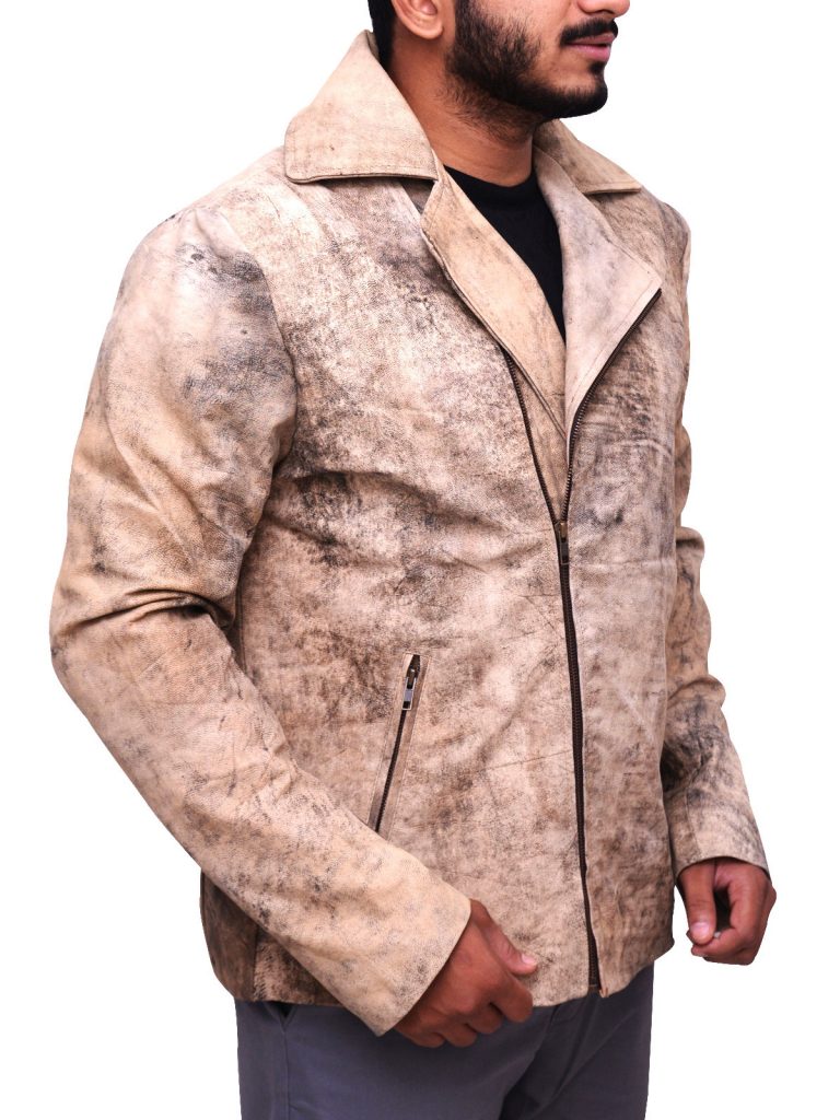 Men Distressed Brown Biker Jacket - Shearling leather