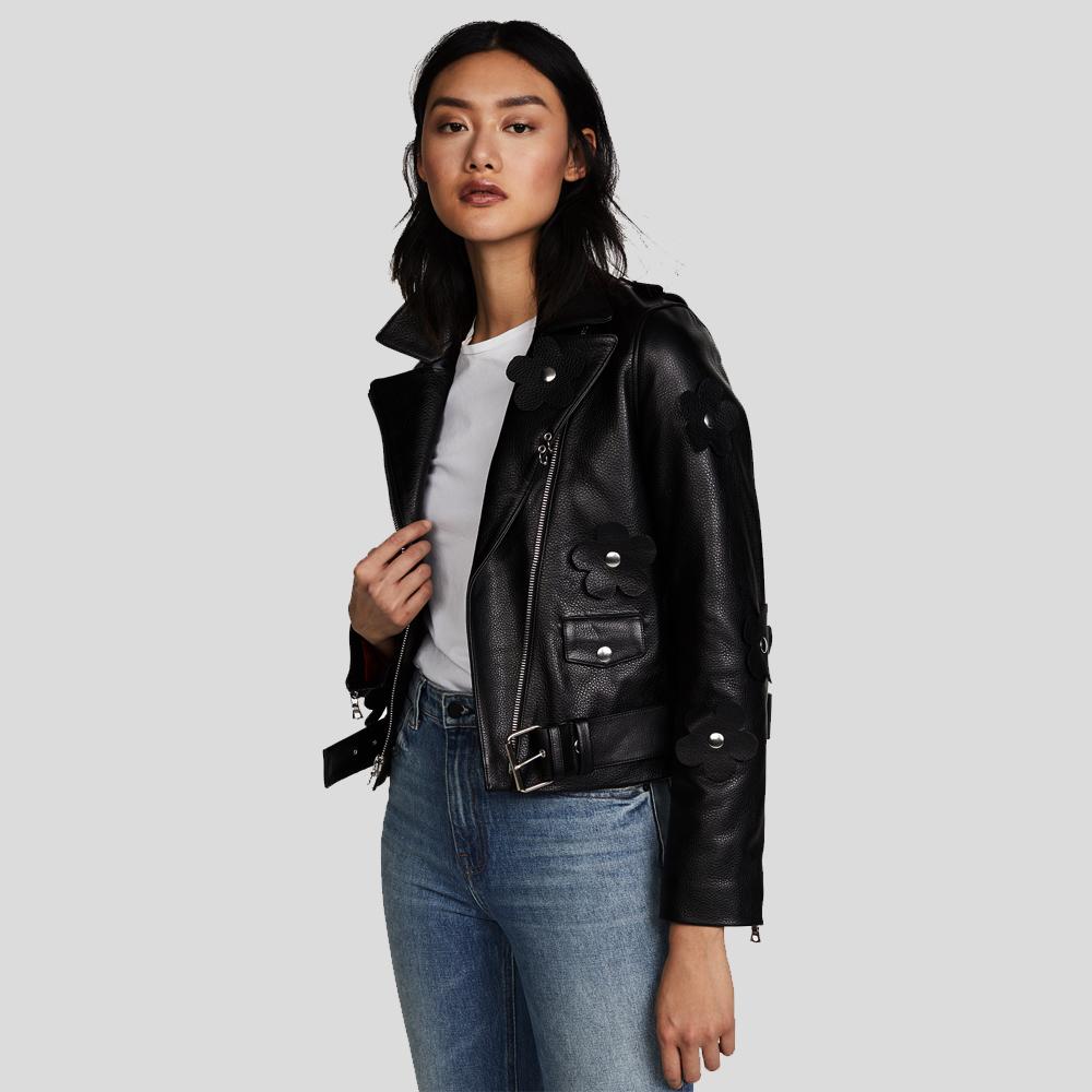 Florence Black Biker Leather Jacket - Shearling leather