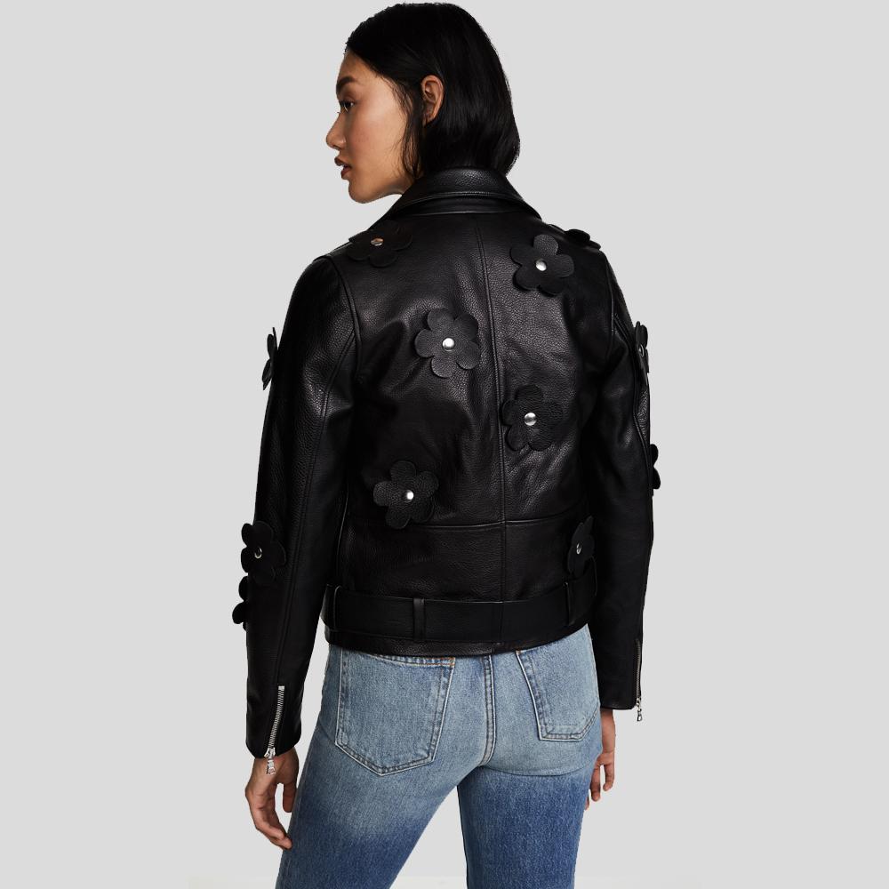 Florence Black Biker Leather Jacket - Shearling leather