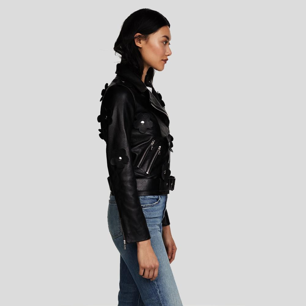 Florence Black Biker Leather Jacket - Shearling leather