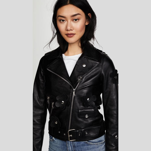 Florence Black Biker Leather Jacket - Shearling leather
