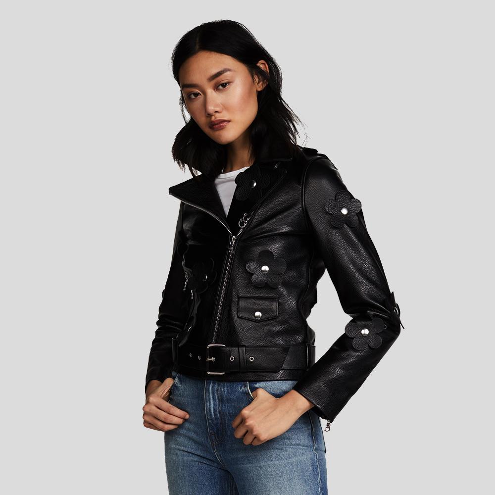 Florence Black Biker Leather Jacket - Shearling leather