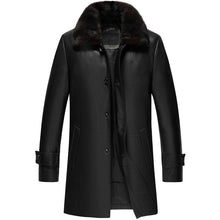 Load image into Gallery viewer, Mens Black Shearling 3/4 Length Winter Leather Coat
