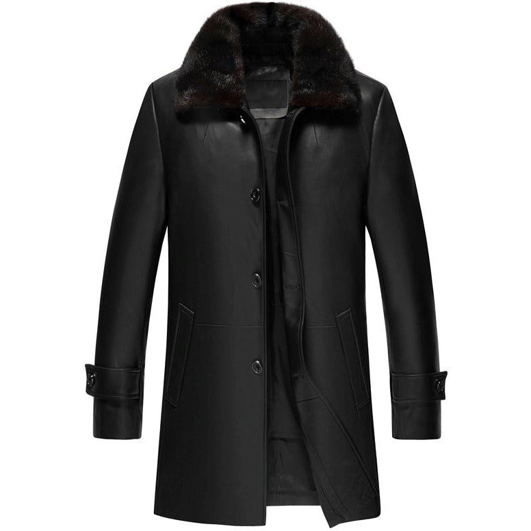 Mens Black Shearling 3/4 Length Winter Leather Coat