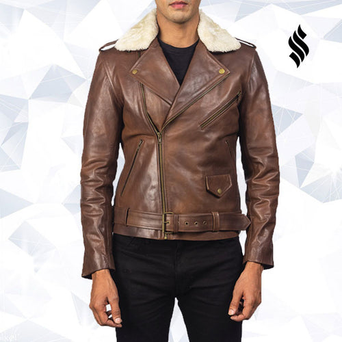 Furton Brown Leather Biker Jacket - Shearling leather