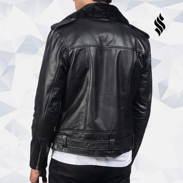 Furton Black Biker Leather Jacket - Shearling leather