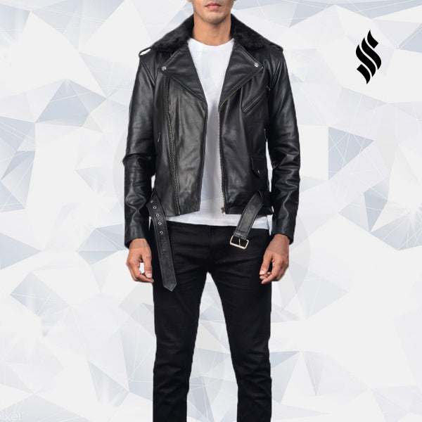 Furton Black Biker Leather Jacket - Shearling leather