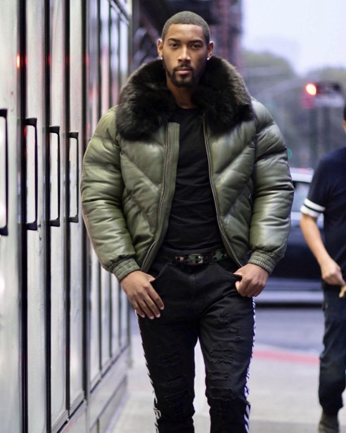 MEN V BOMBER JACKET - OLIVE GREEN ( BLACK FUR) - Shearling leather