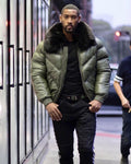 MEN V BOMBER JACKET - OLIVE GREEN ( BLACK FUR) - Shearling leather