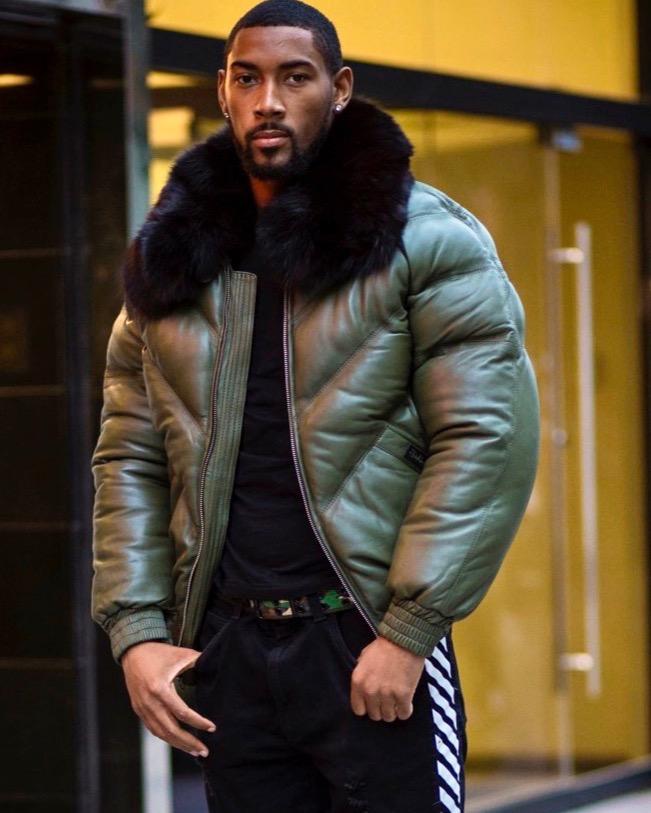 MEN V BOMBER JACKET - OLIVE GREEN ( BLACK FUR) - Shearling leather