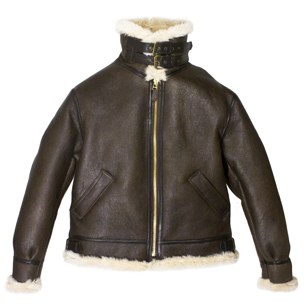 Mens Brown B-3 Bomber Genuine Leather Jacket - Shearling leather