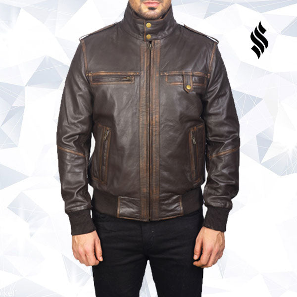 Glen Street Brown Leather Bomber Jacket - Shearling leather