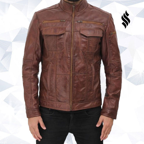 Gordon Mens Two Pockets Waxed Brown Leather Jacket - Shearling leather