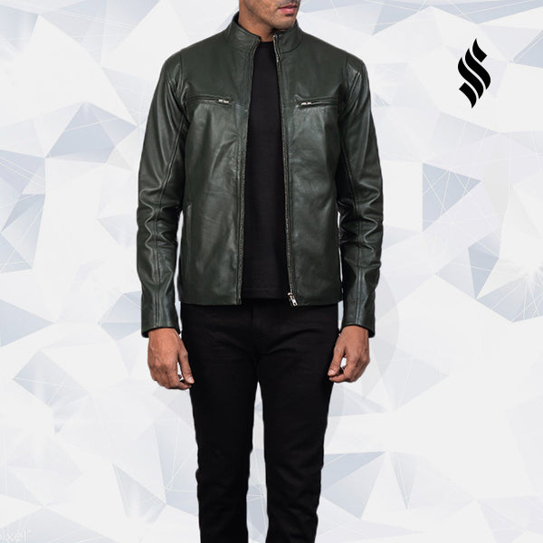 Green Biker Leather Jacket Ionic Style - Shearling leather